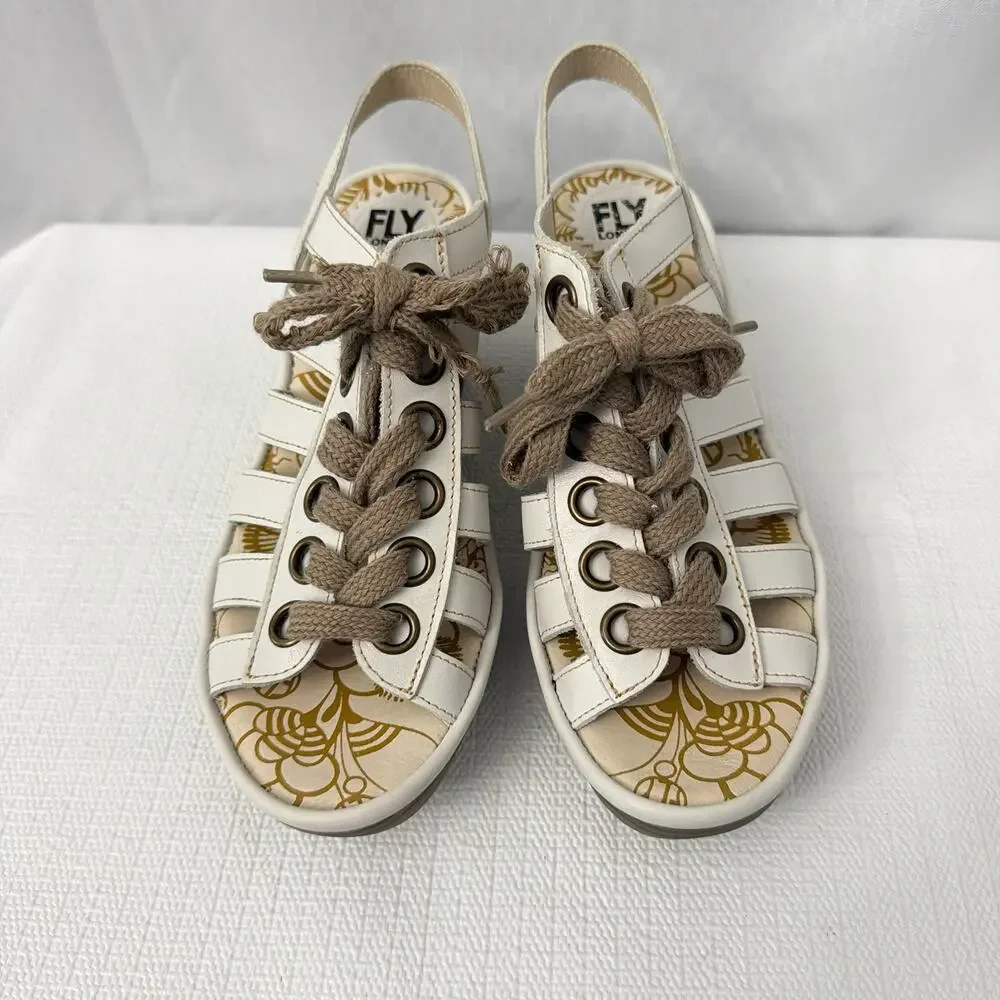 Fly London Yito Shoes Womens Size 9 US Wedge Sandals 40 EU White Leather Shoes